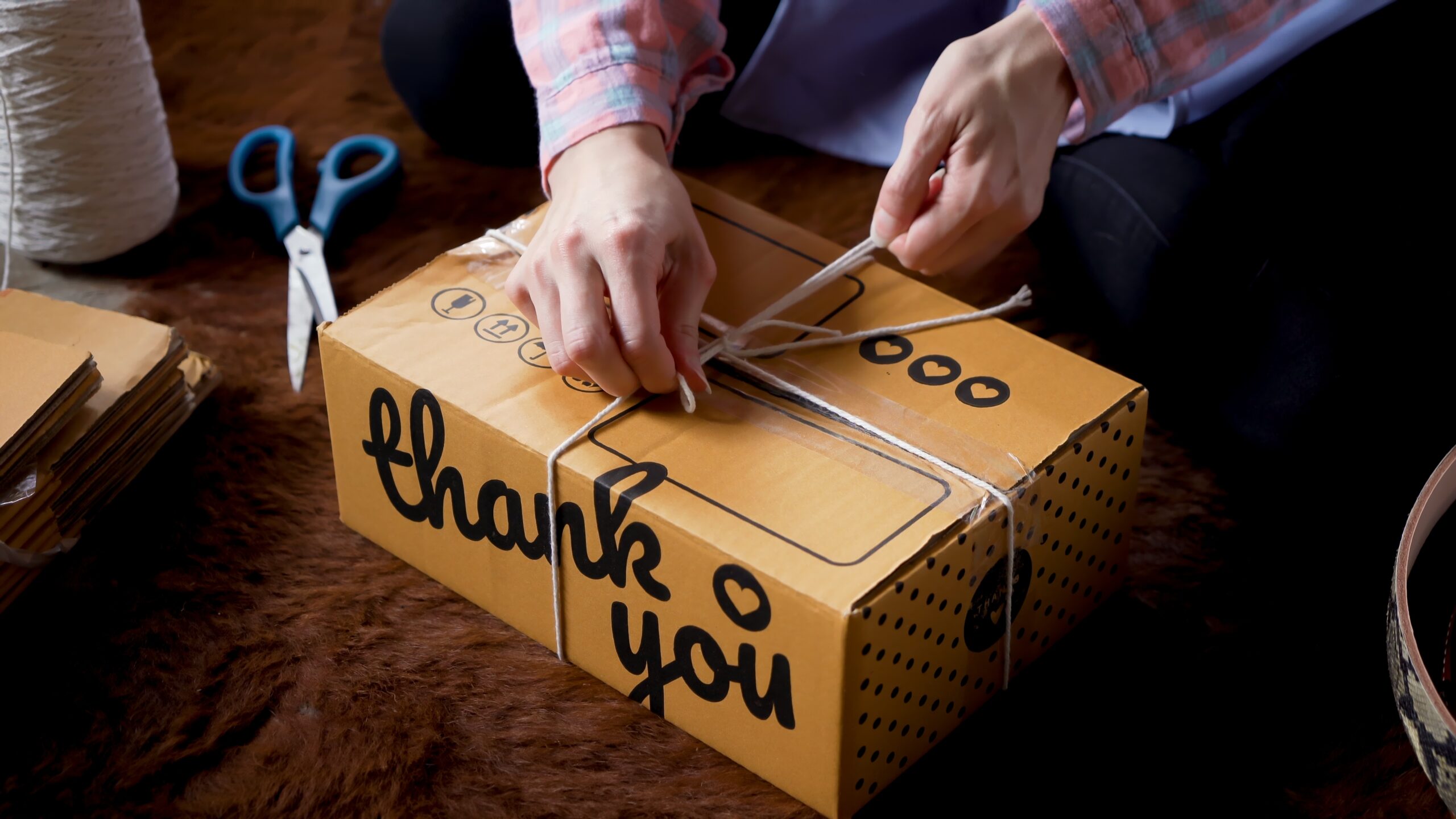 A person wrapping branded packaging